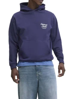 Sweat en coton marine uni avec un col à capuche et poche traversante