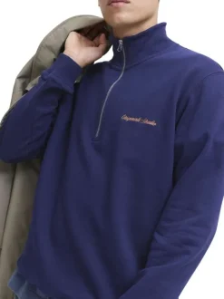 Sweat en coton marine uni avec un col montant et fermeture à glissière