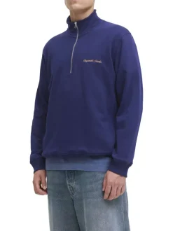 Sweat en coton marine uni avec un col montant et fermeture à glissière