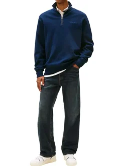 Sweat en coton marine uni avec une coupe droite et un col camionneur
