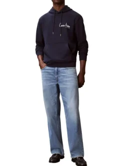 Sweat en coton marine uni avec une coupe droite et une capuche