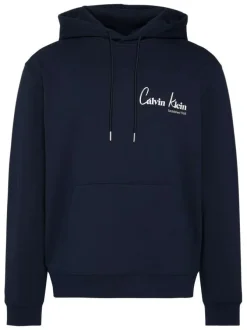 Sweat en coton marine uni avec une coupe droite et une capuche