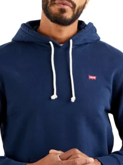 Sweat en coton marine uni à coupe droite avec col à capuche et logo rouge