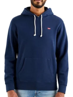 Sweat en coton marine uni à coupe droite avec col à capuche et logo rouge