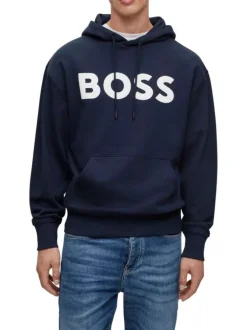 Sweat en coton marine uni coupe droite avec un col à capuche et poche kangourou