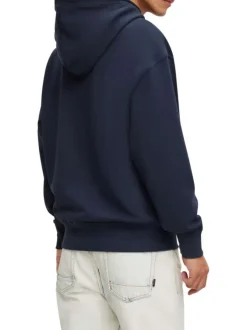 Sweat en coton marine uni coupe droite avec un col à capuche et poche kangourou