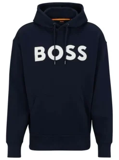 Sweat en coton marine uni coupe droite avec un col à capuche et poche kangourou