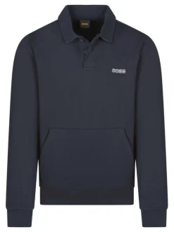 Sweat en coton marine uni à coupe droite avec un col polo et une poche kangourou