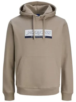 Sweat en coton mélangé beige avec logo bleu imprimé et un col à capuche