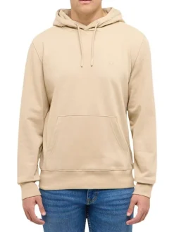 Sweat en coton mélangé beige uni avec une coupe droite et un col à capuche