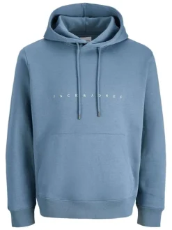 Sweat en coton mélangé bleu à coupe droite pourvu d'un col à capuche
