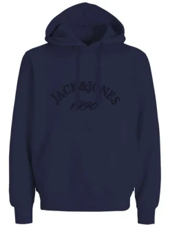 Sweat en coton mélangé bleu marine uni avec une coupe droite et un col à capuche