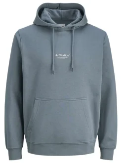 Sweat en coton mélangé bleu uni avec une coupe droite et un col à capuche
