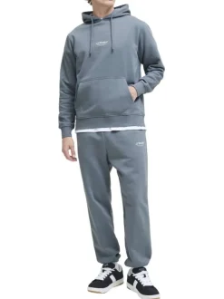 Sweat en coton mélangé bleu uni avec une coupe droite et un col à capuche