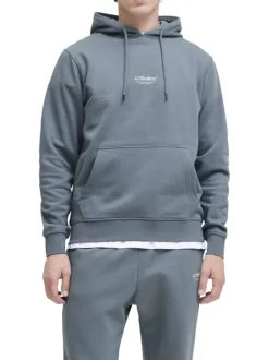 Sweat en coton mélangé bleu uni avec une coupe droite et un col à capuche