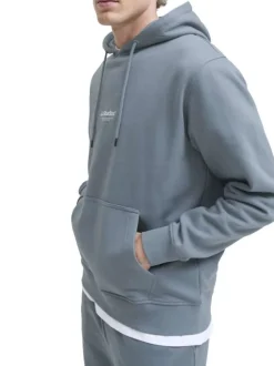 Sweat en coton mélangé bleu uni avec une coupe droite et un col à capuche