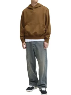 Sweat en coton mélangé camel uni avec une coupe droite et un col à capuche