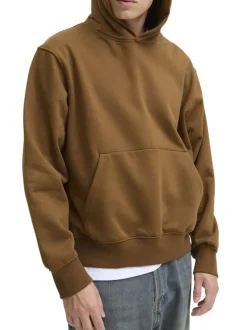 Sweat en coton mélangé camel uni avec une coupe droite et un col à capuche