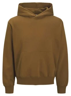 Sweat en coton mélangé camel uni avec une coupe droite et un col à capuche