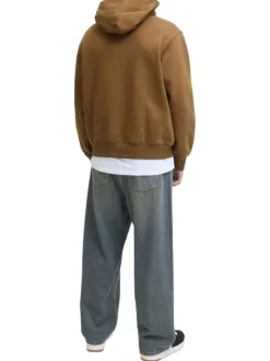 Sweat en coton mélangé camel uni avec une coupe droite et un col à capuche