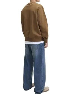 Sweat en coton mélangé camel uni à coupe droite avec un col rond