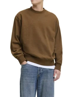 Sweat en coton mélangé camel uni à coupe droite avec un col rond