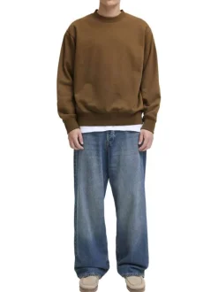 Sweat en coton mélangé camel uni à coupe droite avec un col rond