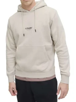 Sweat en coton mélangé écru uni avec une coupe droite et un col à capuche