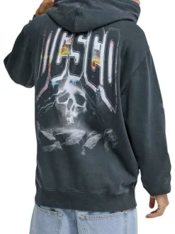 Sweat en coton mélangé gris foncé uni avec coupe droite et une capuche