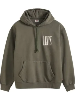 Sweat en coton mélangé kaki uni avec une coupe droite et une capuche