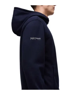 Sweat en coton mélangé marine avec logo cousu et col à capuche demi-zip