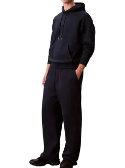 Sweat en coton mélangé marine uni coupe ajustée col à capuche