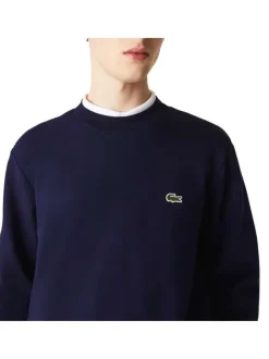 Sweat en coton mélangé marine uni coupe droite avec un col rond en bord côte