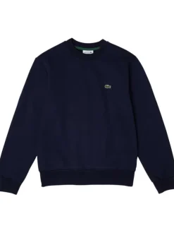 Sweat en coton mélangé marine uni coupe droite avec un col rond en bord côte