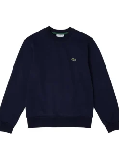 Sweat en coton mélangé marine uni coupe droite avec un col rond en bord côte