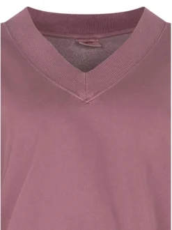 Sweat en coton mélangé mauve uni avec une coupe droite et un col v