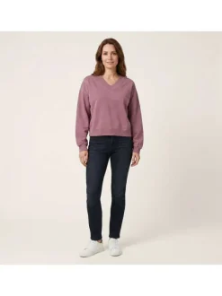 Sweat en coton mélangé mauve uni avec une coupe droite et un col v