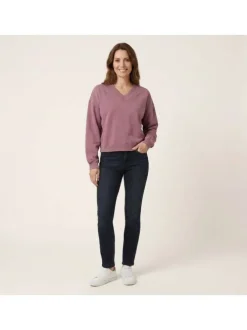 Sweat en coton mélangé mauve uni avec une coupe droite et un col v