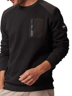 Sweat en coton mélangé noir bi-matière avec un col rond et une poche