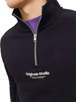 Sweat en coton mélangé noir uni coupe droite avec un col montant