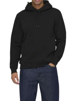 Sweat en coton mélangé noir uni à coupe droite et col à capuche avec cordon