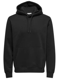Sweat en coton mélangé noir uni à coupe droite et col à capuche avec cordon