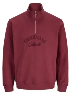 Sweat en coton mélangé rouge uni avec une coupe droite et un col camionneur