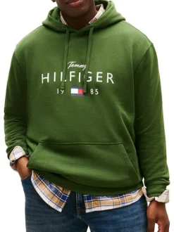 Sweat en coton mélangé vert uni avec une coupe droite et un col à capuche