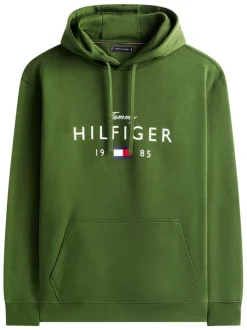 Sweat en coton mélangé vert uni avec une coupe droite et un col à capuche