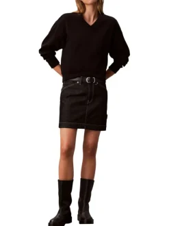 Sweat en coton noir uni avec logo à coupe droite et à col V