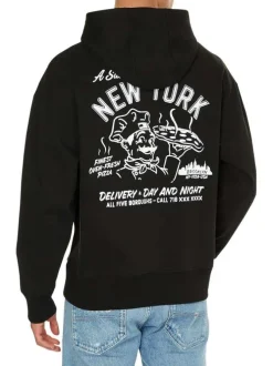 Sweat en coton noir uni coupe droite avec un col à capuche et imprimé pizzaiolo
