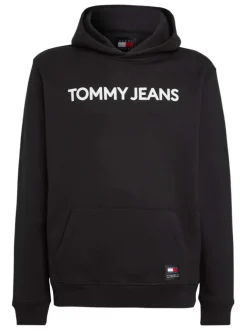 Sweat en coton noir uni coupe droite avec un col à capuche et étiquette