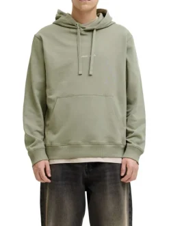 Sweat en coton olive à coupe droite pourvu d'un col à capuche