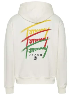 Sweat en coton régénératif écru à imprimé signature avec coupe droite et capuche